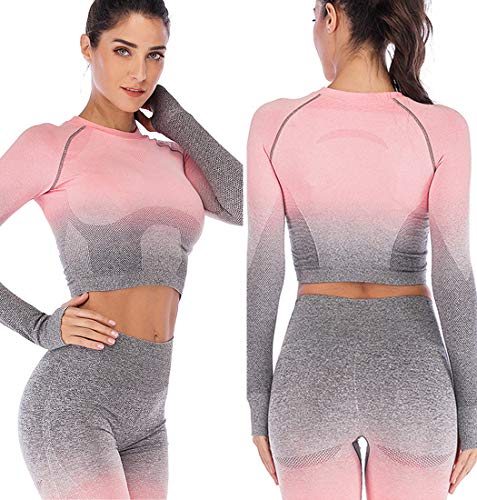 JLTPH Mujeres Tops de Yoga Gradiente Sin Costuras Cuello Redondo Manga Larga Camisetas de Deporte Crop Top Gym Camisa de Fitness Navel Camiseta Sportwear