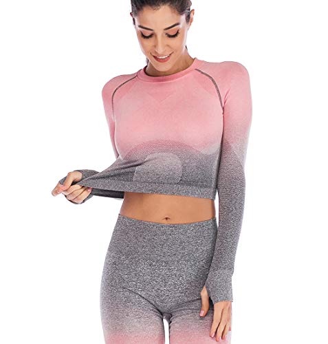 JLTPH Mujeres Tops de Yoga Gradiente Sin Costuras Cuello Redondo Manga Larga Camisetas de Deporte Crop Top Gym Camisa de Fitness Navel Camiseta Sportwear