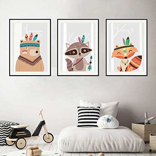 Juego de 3 Cuadros Infantiles Niño Pósteres Animales Láminas Zorro Oso Mapache Impresiones sobre Lienzo Decoración Habitación Bebé pared Regalo Sin Marco NPTWC009-M