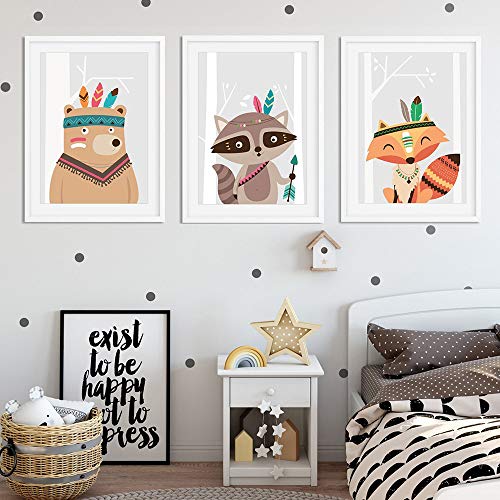 Juego de 3 Cuadros Infantiles Niño Pósteres Animales Láminas Zorro Oso Mapache Impresiones sobre Lienzo Decoración Habitación Bebé pared Regalo Sin Marco NPTWC009-M