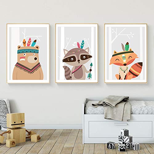 Juego de 3 Cuadros Infantiles Niño Pósteres Animales Láminas Zorro Oso Mapache Impresiones sobre Lienzo Decoración Habitación Bebé pared Regalo Sin Marco NPTWC009-M