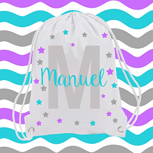 Kembilove Mochila Personalizada con Nombre Infantil – Mochilas Saco Personalizadas con el Nombre del Niño o Niña – Mochila Cuerdas Vuelta al Cole de Estrellas Azul-Morado