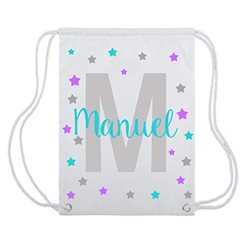 Kembilove Mochila Personalizada con Nombre Infantil – Mochilas Saco Personalizadas con el Nombre del Niño o Niña – Mochila Cuerdas Vuelta al Cole de Estrellas Azul-Morado