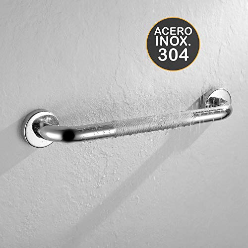 Kibath 143141 Asa de seguridad antideslizante 25cm de acero inoxidable 304 con acabado en cromo brillo y 6 puntos de anclaje, tacos y tornillos incluidos