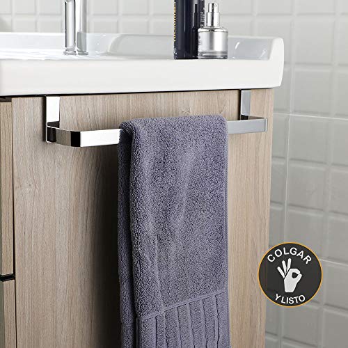 Kibath 321044 Toallero sin taladros para mueble de baño. Largo 36cm. Fabricado en acero inox. Acabado cromo brillo. Facil instalación sin obras ni herramientas