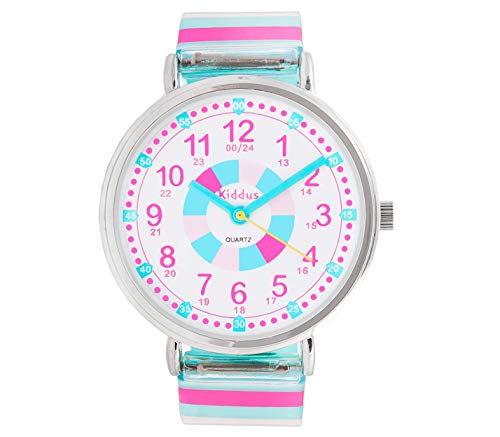 KIDDUS Reloj Educativo para niña, Chica, Chico. De Pulsera, analógico. Time Teacher fácil de Leer para Aprender la Hora. Ejercicios incluídos. Mecanismo de Cuarzo japonés. RE0277B Turquesa y Rosa