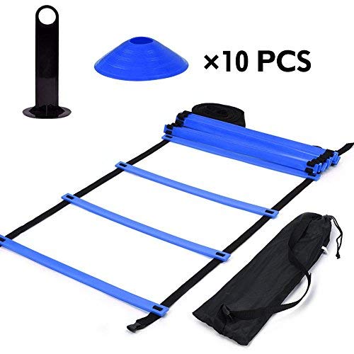 Kit de entrenamiento de velocidad de agilidad de 19 m, escalera plana + 10 unidades Disc Cones Speed ​​​​​​​​​escalera de entrenamiento con bolsa de almacenamiento para entrenamiento atlético (azul)