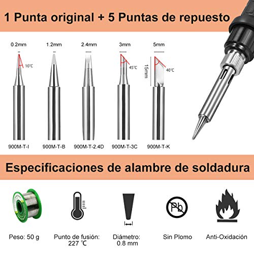 Kit del Soldador,Preciva 60W 220V Soldador de estaño,Temperatura Ajustable 220℃~480℃,5pcs Puntas Diferentes,Soporte,Alambre de Soldadura 50g para el Uso Diversamente Reparado