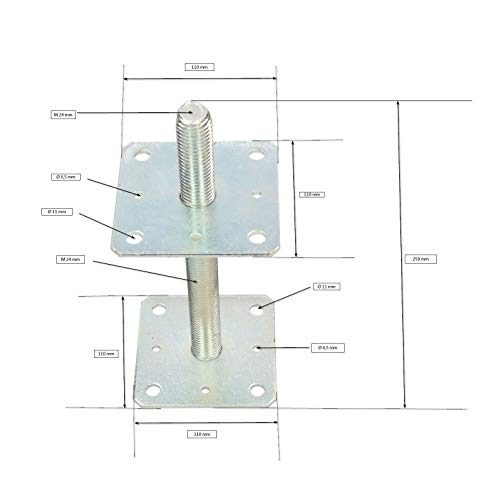 KOTARBAU® Soporte de poste de 110 mm x 110 mm x 250 mm, rosca M24 mm, pie de soporte de altura ajustable, galvanizado, pie de hormigón, para atornillar, regulable