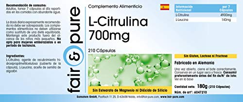 L-Citrulina 700mg - Polvo encapsulado - Vegana - 210 Cápsulas