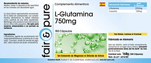 L-Glutamina en Cápsulas - Vegana - Aminoácido Glutamina 750mg - Polvo encapsulado - Neutra - Alta pureza - 180 Cápsulas