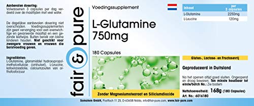 L-Glutamina en Cápsulas - Vegana - Aminoácido Glutamina 750mg - Polvo encapsulado - Neutra - Alta pureza - 180 Cápsulas