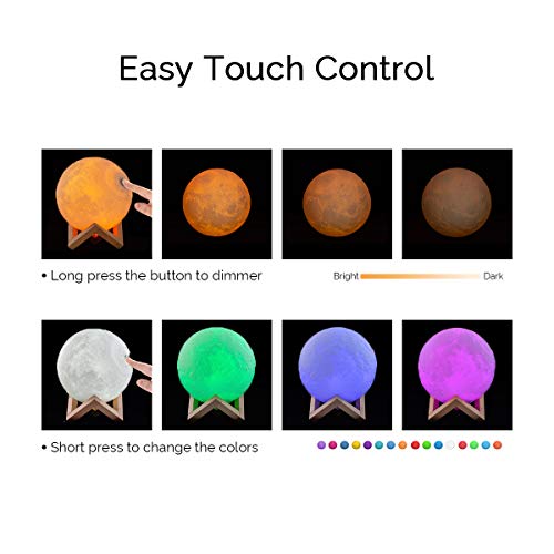 Lámpara Luna 3D, ICONNTECHS Brillo Regulable 16 Colores RGB Recargable USB Control remoto y Control táctil LED Lunar Luz Nocturna Decorativa para Dormitorio, Salón, Regalo para Mujeres y Niños 20cm, L