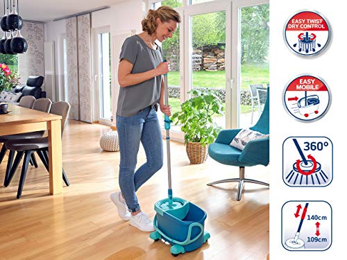 Leifheit Set de fregona rotatoria Clean Twist Disc Mop Ergo 2.0 con ruedas, giratoria con cabezal Micro Duo, set de limpieza en húmedo