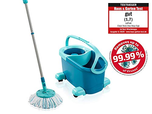 Leifheit Set de fregona rotatoria Clean Twist Disc Mop Ergo 2.0 con ruedas, giratoria con cabezal Micro Duo, set de limpieza en húmedo