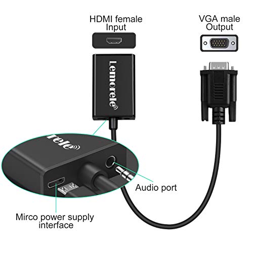 Lemorele VGA a HDMI Adaptador con Audio 1080P 60Hz Conversor VGA Macho a HDMI Hembra Conexión de Computadora Portátil, PC, TV Box con Salida VGA a HDTV, Monitor, Proyector con Entrada HDMI-Negro