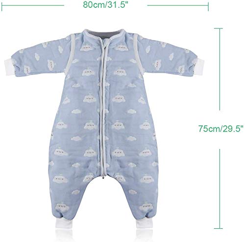 Lictin Saco de Dormir para Bebés-Saco de Dormir para Bebés con Mangas Extraíbles para Bebés Niños de 1-3 años de 75 a 95 cm 2.0 TOG Motivo de Cielo Azul y Nubes Blancas 100% al Algodón Orgánico