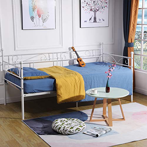 LiePu Sofá Cama Metálica Diván Cama para Dormitorio Salón Cuarto de Invitados,Adecuado para Colchón de 90 * 190 cm,Blanco