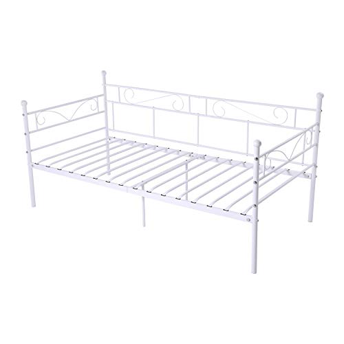 LiePu Sofá Cama Metálica Diván Cama para Dormitorio Salón Cuarto de Invitados,Adecuado para Colchón de 90 * 190 cm,Blanco