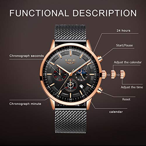 LIGE La Moda Relojes Hombre Negocios Impermeable Cuarzo simulado Reloj Fase Lunar Negro Acero Inoxidable Cinturón de Malla Relojes de Pulsera