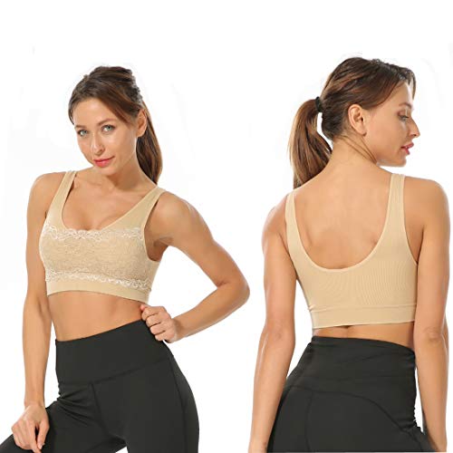 Litthing 1/2/3 Piezas Sujetadore Deportivo Encaje Sexy Transpirable Confort Yoga Deportes de Yoga para Mujeres（Negro+Blanco+Carne, XL