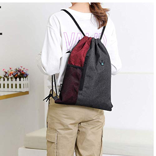 LIVACASA Mochilas de Cuerdas Mujer Hombre Toma USB para Auriculares con Bolsillos Mallas para Botellas Tela Oxford Bolsa de Cuerdas Mochilas Impermeables para Yoga Gimnasio Deportes Burdeos 43 * 33cm