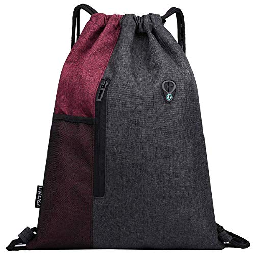 LIVACASA Mochilas de Cuerdas Mujer Hombre Toma USB para Auriculares con Bolsillos Mallas para Botellas Tela Oxford Bolsa de Cuerdas Mochilas Impermeables para Yoga Gimnasio Deportes Burdeos 43 * 33cm