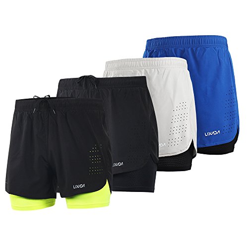 Lixada Hombres Pantalónes Cortos de Running 2-en-1, Pantalones Cortos de Atletismo, Pantalones Cortos de Fitness Maratón, Transpirable Pantalones+Secado Rápido (Verde, S)