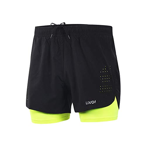 Lixada Hombres Pantalónes Cortos de Running 2-en-1, Pantalones Cortos de Atletismo, Pantalones Cortos de Fitness Maratón, Transpirable Pantalones+Secado Rápido (Verde, S)