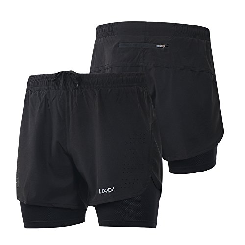 Lixada Hombres Pantalónes Cortos de Running 2-en-1, Pantalones Cortos de Atletismo, Pantalones Cortos de Fitness Maratón, Transpirable Pantalones+Secado Rápido (Negro, M)