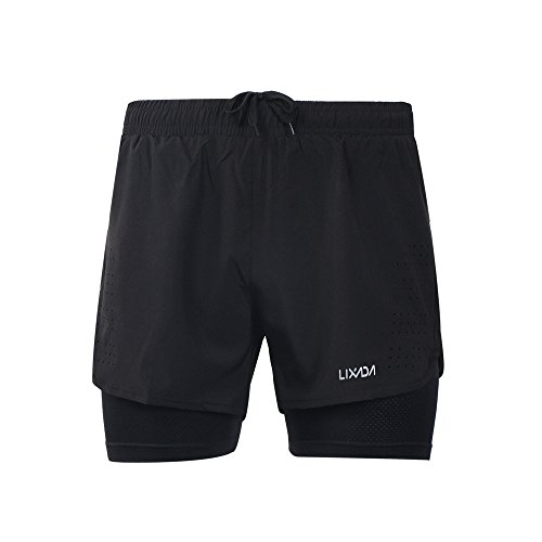 Lixada Hombres Pantalónes Cortos de Running 2-en-1, Pantalones Cortos de Atletismo, Pantalones Cortos de Fitness Maratón, Transpirable Pantalones+Secado Rápido (Negro, L)