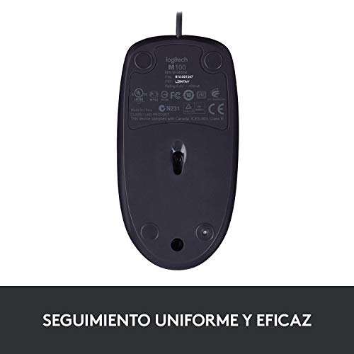 Logitech B100 Ratón con Cable, 3 Botones, Seguimiento Óptico, Ambidiestro, PC/Mac/Portátil, Negro