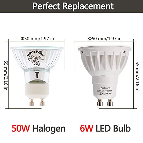 LOHAS® 5 x 6W Gu10 Bombilla Led, Lámparas Halógenas Equivalentes a 50W, Blanco Calído, 3000K, 500lm, Angulo de haz de 120°, 110-240V, No regulable