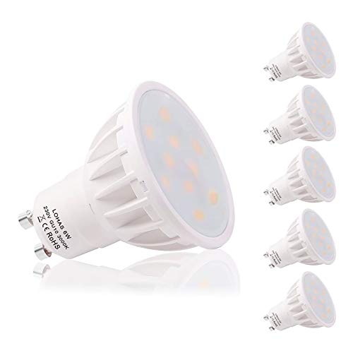 LOHAS® 5 x 6W Gu10 Bombilla Led, Lámparas Halógenas Equivalentes a 50W, Blanco Calído, 3000K, 500lm, Angulo de haz de 120°, 110-240V, No regulable