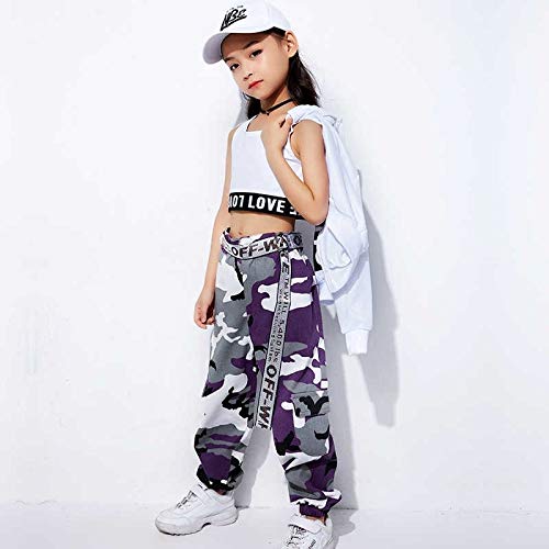 LOLANTA 2 Piezas Niñas Hip Hop Street Dance Ropa Individual Juego Crop Tank Top + Camuflaje Pantalones Basculador (11-12 años, Morado)