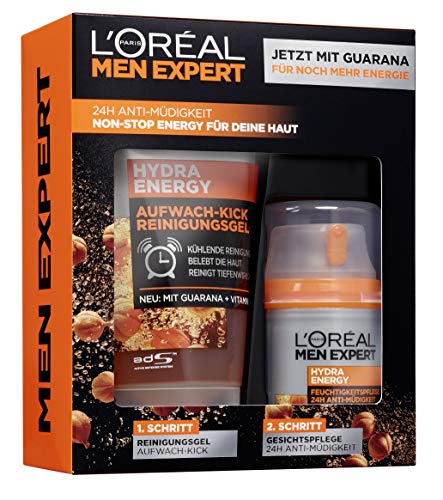 L'Oréal Men Expert Hydra Energy Set de regalo para hombres 24H hidratante con Guarana (50 ml) y gel de lavado (100 ml) para el cuidado facial diario