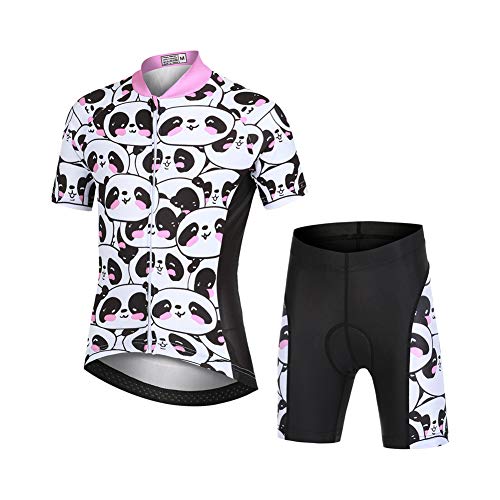 LSHEL Niños Niñas Secado Rápido Maillot de Ciclismo Conjunto de Jersey Manga Corta + Pantalones Cortos Transpirable Ciclismos Traje, Bebé Panda, 10-11años/EU: L(Etiqueta: XL)