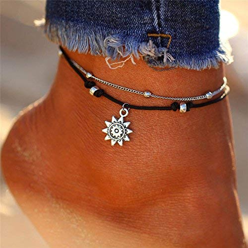 LucBuy Boho Tobilleras, Azul Estrella de Mar Tortuga de múltiples Capas del Encanto de los Granos Playa Hecha a Mano Tobilleras Joyería del pie Regalos para Mujeres niñas (2PCS-Elefante y Girasol)