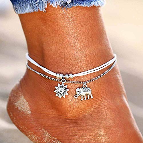 LucBuy Boho Tobilleras, Azul Estrella de Mar Tortuga de múltiples Capas del Encanto de los Granos Playa Hecha a Mano Tobilleras Joyería del pie Regalos para Mujeres niñas (2PCS-Elefante y Girasol)