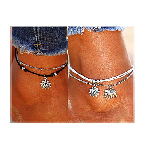 LucBuy Boho Tobilleras, Azul Estrella de Mar Tortuga de múltiples Capas del Encanto de los Granos Playa Hecha a Mano Tobilleras Joyería del pie Regalos para Mujeres niñas (2PCS-Elefante y Girasol)