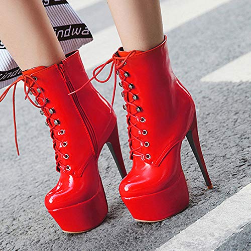 Lydee Mujer Moda Boots Ankle High Tacones de Aguja Cremallera Botas Cortas Heels Plataforma Performance Shoes Red Talla 34