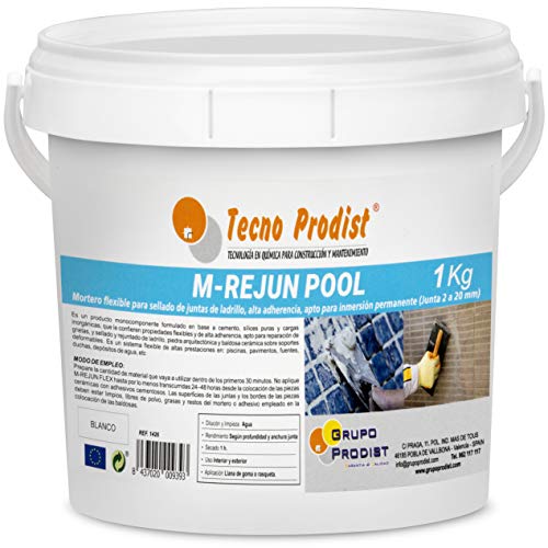 M-REJUN POOL de Tecno Prodist - (1 kg) Mortero flexible para sellado de juntas de baldosas y gresite en piscinas, ceramica, ladrillo, etc, apto para inmersión permanente (Junta 2 a 20 mm) Color Blanco