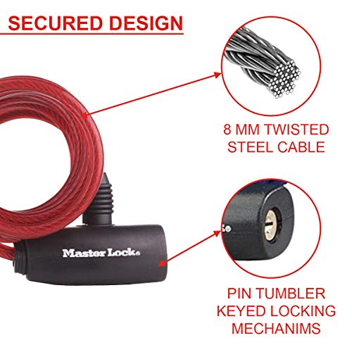 MASTER LOCK Candado Bicicleta [1,8 m Cable] [Llave] [Exterior] [Color al Azar] 8127EURDPRO - Ideal para Bicicleta, Monopatín, Paseante, Cortacésped y Otro Equipo