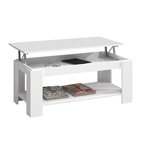 Mesa Centro con revistero, Mesa elevable, mesita Mueble Salon Comedor Acabado en Blanco Artik, Medidas: 102 cm (Largo) x 43/54 cm (Alto) x 50 cm (Fondo)