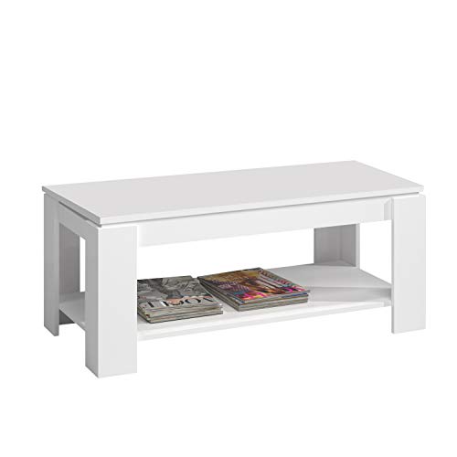 Mesa Centro con revistero, Mesa elevable, mesita Mueble Salon Comedor Acabado en Blanco Artik, Medidas: 102 cm (Largo) x 43/54 cm (Alto) x 50 cm (Fondo)