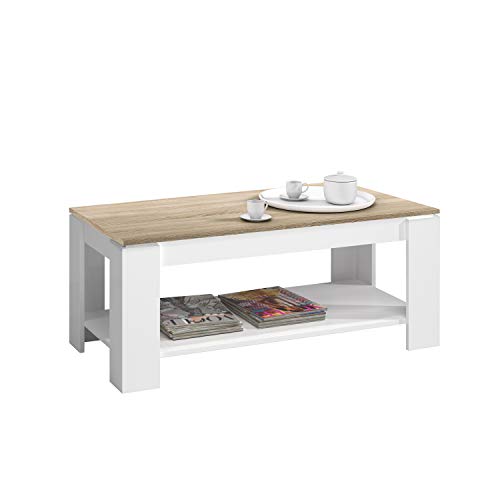 Mesa Centro con revistero, Mesa elevable, mesita Mueble Salon Comedor Acabado en Blanco Artik y Roble Canadian, Medidas: 102 cm (Largo) x 43/54 cm (Alto) x 50 cm (Fondo)