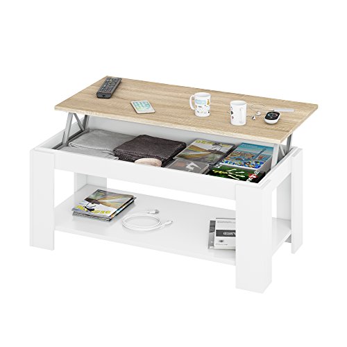 Mesa Centro con revistero, Mesa elevable, mesita Mueble Salon Comedor Acabado en Blanco Artik y Roble Canadian, Medidas: 102 cm (Largo) x 43/54 cm (Alto) x 50 cm (Fondo)