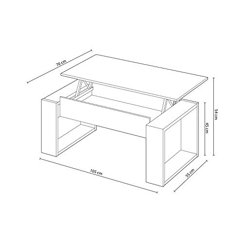 Mesa de Centro Elevable, Mesita de Salon, Comedor, Modelo Nova, Acabado en Blanco Artik y Roble Canadian, Medidas: 105 cm (Largo) x 55 cm (Ancho) x 45-54 cm (Alto)