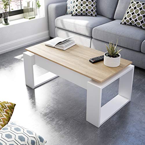 Mesa de Centro Elevable, Mesita de Salon, Comedor, Modelo Nova, Acabado en Blanco Artik y Roble Canadian, Medidas: 105 cm (Largo) x 55 cm (Ancho) x 45-54 cm (Alto)