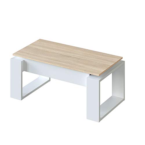 Mesa de Centro Elevable, Mesita de Salon, Comedor, Modelo Nova, Acabado en Blanco Artik y Roble Canadian, Medidas: 105 cm (Largo) x 55 cm (Ancho) x 45-54 cm (Alto)